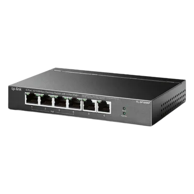Switch PoE no administrable / 6 puertos 10/100 Mbps / 4 puertos PoE 802.3af/at / Presupuesto 67 W / Extensor hasta 250 m (820 ft) / Prioridad video