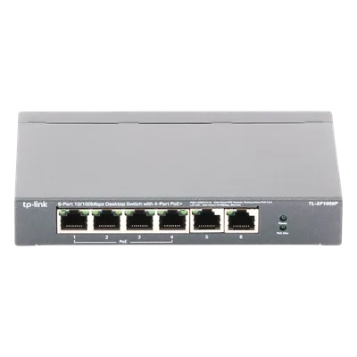 Switch PoE no administrable / 6 puertos 10/100 Mbps / 4 puertos PoE 802.3af/at / Presupuesto 67 W / Extensor hasta 250 m (820 ft) / Prioridad video