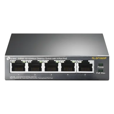 Switch PoE no administrable / 5 puertos Fast Ethernet / 4 puertos PoE 802.3af/at / Presupuesto 67 W / Alcance 250 m (820 pies) / Prioridad de video