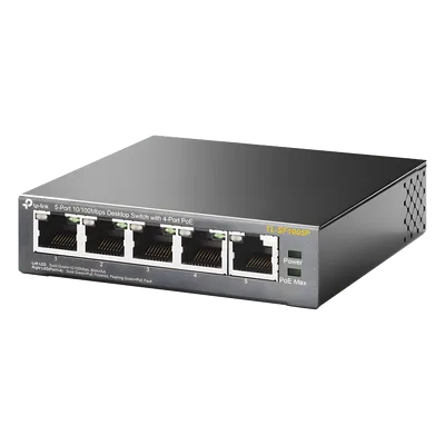 Switch PoE no administrable / 5 puertos Fast Ethernet / 4 puertos PoE 802.3af/at / Presupuesto 67 W / Alcance 250 m (820 pies) / Prioridad de video