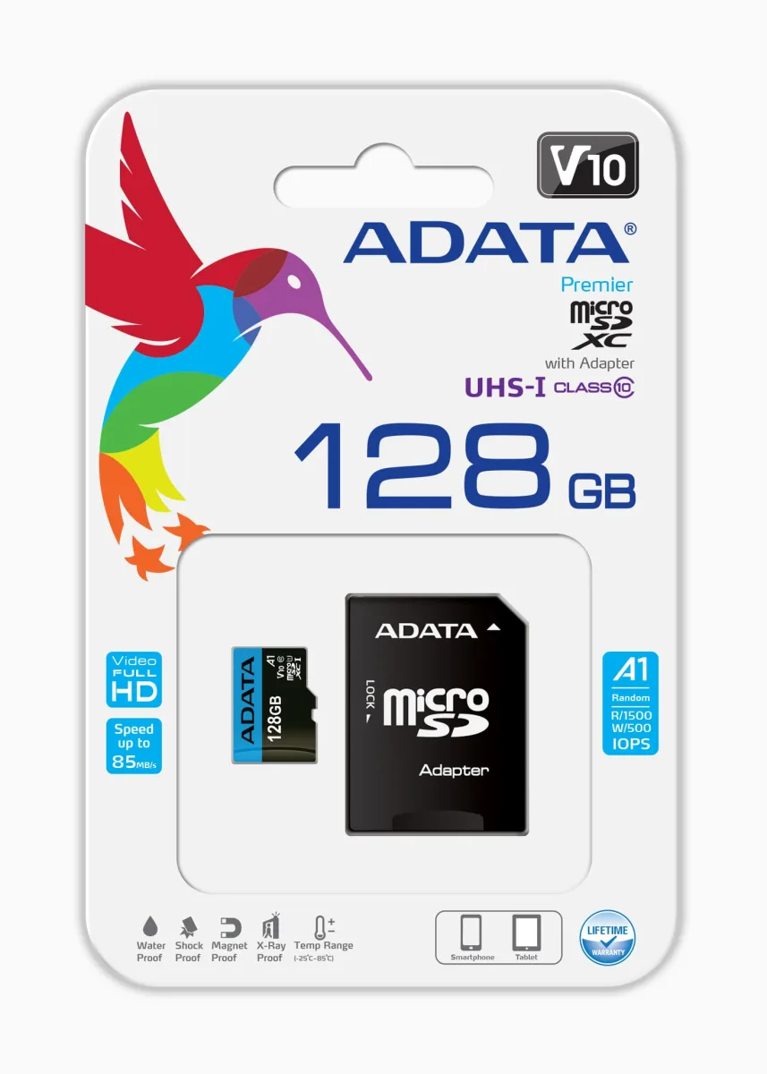 ADATA MICROSD PREMIER 128GB CLASS10-RETAIL A1 ADAPATER AZUL AUS