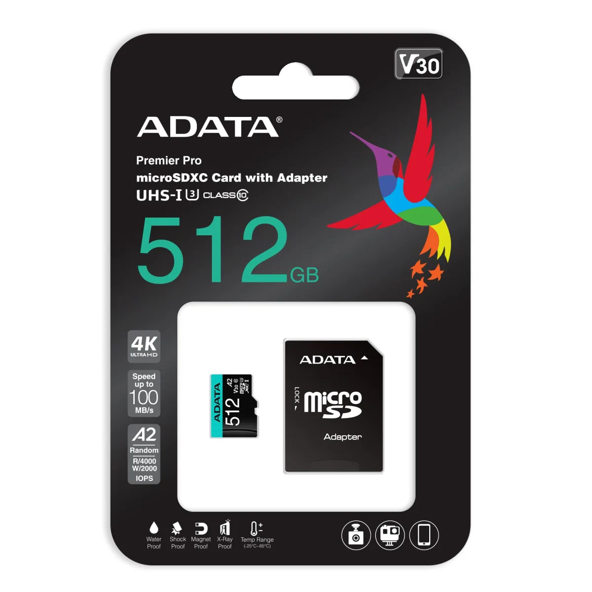 ADATA MICROSD 512GB CLASS10 PREMIER PRO V30 RETAIL A2 AUSDX512G