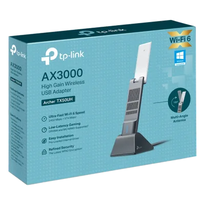 Adaptador USB Wireless Wi-Fi 6 / AX3000 (2402 Mbps + 574 Mbps) / Antenas de Alta Ganancia / USB 3.0 / Baja Latencia Gaming / WPA3 / Cuna Desmontable con Cable 1.2 m (3.9 ft)