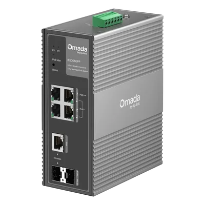 Switch Industrial Easy Managed / 6 Puertos Gigabit / 4 PoE (1× PoE++ 60W + 3× PoE+ 30W) / 120W PoE Budget / 2 SFP / IP40 / -40°C a 75°C / 6kV Protección Rayos / DIN-Rail